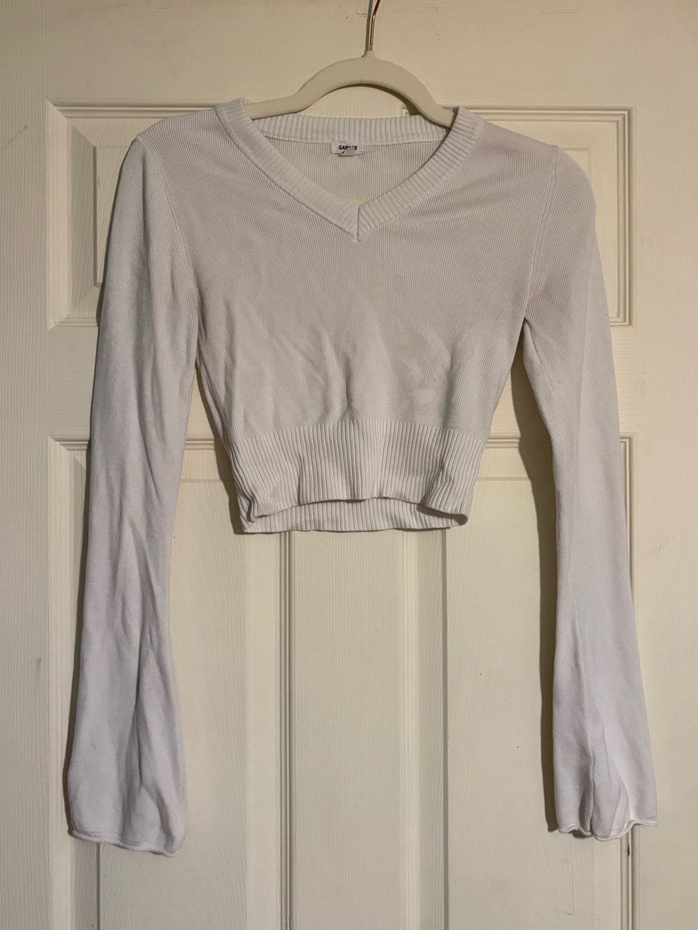 Garage White V-Neck Cropped Long Sleeve Top